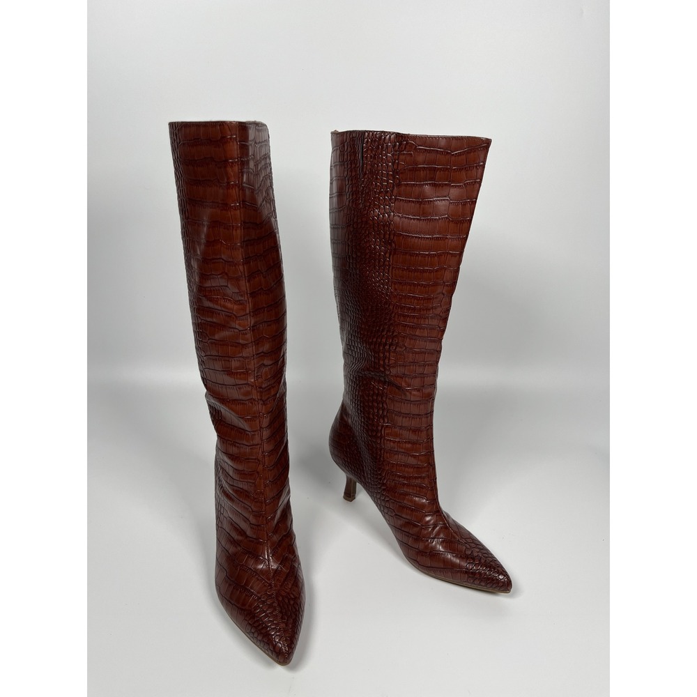 Knee High Kitten Heel Boots Women 6.5 Brown Faux Croc 90 Minimalist Capsule Chic